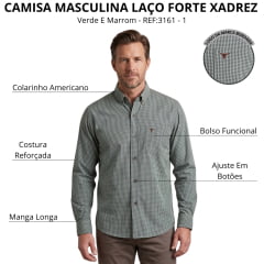 Camisa Masculina Laço Forte Xadrez Verde E Marrom Logo Marrom Manga Longa REF:3161 - 1