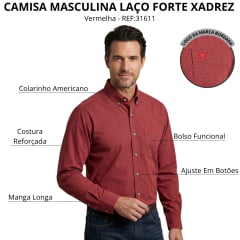 Camisa Masculina Laço Forte Xadrez Vermelho Logo Vermelho Manga Longa REF:92051