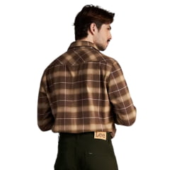 Camisa Masculina Lee Flanelada Manga Longa Xadrez Marrom Com Bolsos Ref:8201L