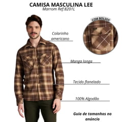 Camisa Masculina Lee Flanelada Manga Longa Xadrez Marrom Com Bolsos Ref:8201L