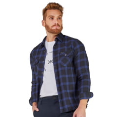 Camisa Masculina Lee Flanelada Xadrez Azul Royal E Preto Manga Longa Com Bolso Ref:8212L