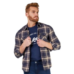Camisa Masculina Lee Flanelada Xadrez Bege E Azul Manga Longa Com Bolsos Ref: 8213L