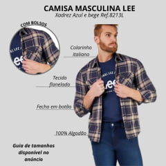 Camisa Masculina Lee Flanelada Xadrez Bege E Azul Manga Longa Com Bolsos Ref: 8213L