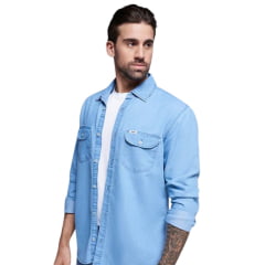 Camisa Masculina Lee Jeans Delavê Denim Glint Hiper Destroyer Manga Longa Com Bolsos - Ref.1820L