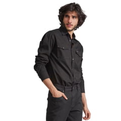 Camisa Masculina Lee Preta Manga Longa Sarja Peletizada Com Bolsos Ref:1818L