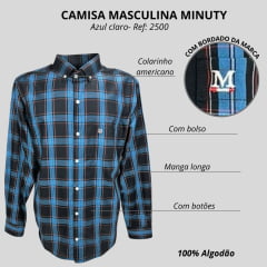 Camisa Masculina Minuty Manga Longa Xadrez Azul Claro/ Preto C/ Listra Vermelha Ref: 2500