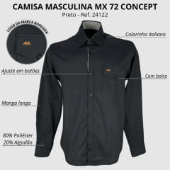 Camisa Masculina MX 72 Concept Fit Com Elastano Preto Com Bolso Ref: 24122