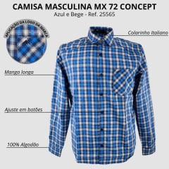 Camisa Masculina MX 72 Tradicional Manga Longa Xadrez Azul Marinho Com Bege Ref:19016
