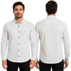 Camisa Masculina MX72 Fit Manga Longa 100% Algodão Sem Bolso Xadrez Branco/Preto Ref:24116