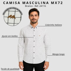Camisa Masculina MX72 Fit Manga Longa 100% Algodão Sem Bolso Xadrez Branco/Preto Ref:24116