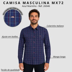 Camisa Masculina MX72 Fit Manga Longa Country Listrada Azul Marinho E Vermelho Ref:26046