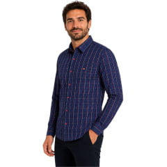 Camisa Masculina MX72 Fit Manga Longa Country Listrada Azul Marinho E Vermelho Ref:26046