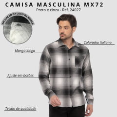Camisa Masculina MX72 Manga Longa Tradicional Xadrez Flanelada Grafite - Cinza Com Bolso - Ref:24027