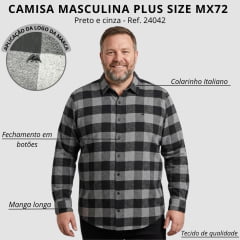 Camisa Masculina MX72 Plus Size Flanelada Xadrez Manga Longa Cinza/Preto Sem Bolso Ref:24042