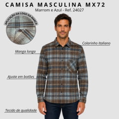 Camisa Masculina MX72 Tradicional Xadrez Flanelada Marrom Azul Manga Longa Ref:24027