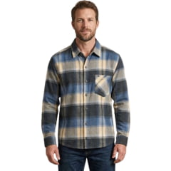 Camisa Masculina MX72 Tradicional Xadrez Flanelada Mista Bege Azul Manga Longa Ref:24027