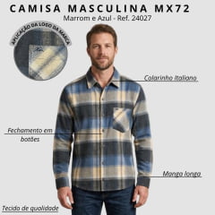 Camisa Masculina MX72 Tradicional Xadrez Flanelada Mista Bege Azul Manga Longa Ref:24027