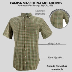 Camisa Masculina Os Moiadeiros Manga Curta Xadrez Laranja Logo Bordado Verde Ref:CMC2458