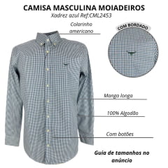 Camisa Masculina Os Moiadeiros Manga Longa Xadrez Azul/Branco Logo Bordado Verde Ref:CML2453