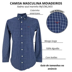 Camisa Masculina Os Moiadeiros Manga Longa Xadrez Listrado Azul/Branco Logo Bordado Vinho Ref:CML2455