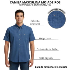 Camisa Masculina Os Moiadeiros Quadriculado Verde Azul Com Bolso E Logo Bordado Marrom Claro Ref:CMC2485