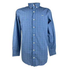 Camisa Masculina Os Moiadeiros Manga Longa Xadrez Azul Jeans Com Listra Dupla Branca Com Logo Em Bege. Ref:CML2433