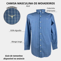 Camisa Masculina Os Moiadeiros Manga Longa Xadrez Azul Jeans Com Listra Dupla Branca Com Logo Em Bege. Ref:CML2433