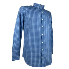 Camisa Masculina Os Moiadeiros Manga Longa Xadrez Azul Jeans Com Listra Dupla Branca Com Logo Em Bege. Ref:CML2433