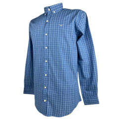 Camisa Masculina Os Moiadeiros Manga Longa Xadrez Azul Jeans Com Listra Dupla Branca Com Logo Em Bege. Ref:CML2433
