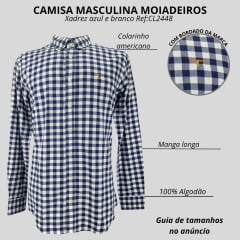 Camisa Masculina Os Moiadeiros Manga Longa Xadrez Flanelada Azul Bordado Laranja Ref:CML2448
