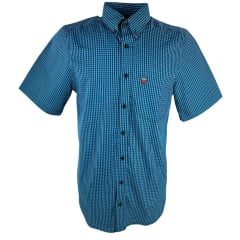 Camisa Masculina Os Vaqueiros Manga Curta Xadrez Preto/Azul Claro Com Logo No Bolso REF: V19-7001XP