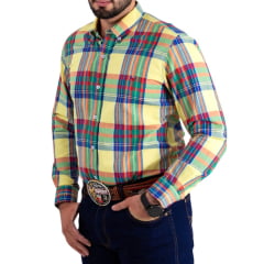 Camisa Masculina Os Vaqueiros Manga Longa Oxfordine Xadrez Amarelo Ref: V26-20202