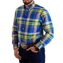 Camisa Masculina Os Vaqueiros Manga Longa Oxfordine Xadrez Azul Royal Ref: V26-20202
