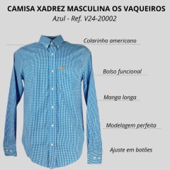 Camisa Masculina Os Vaqueiros Xadrez Pequeno Azul E Branco Manga Longa Com Logo Laranja Ref: V24-20002