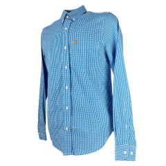 Camisa Masculina Os Vaqueiros Xadrez Pequeno Azul E Branco Manga Longa Com Logo Laranja Ref: V24-20002