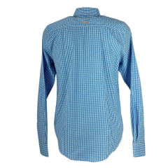 Camisa Masculina Os Vaqueiros Xadrez Pequeno Azul E Branco Manga Longa Com Logo Laranja Ref: V24-20002