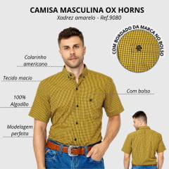 Camisa Masculina Ox Horns Manga Curta Xadrez Amarelo/Preto Ref:9080