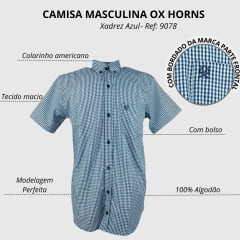 Camisa Masculina Ox Horns Manga Curta Xadrez Azul Marinho/Azul Claro Ref:9078