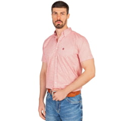 Camisa Masculina Ox Horns Manga Curta Xadrez Rosa e Branco Com Logo Bordô Ref:9092