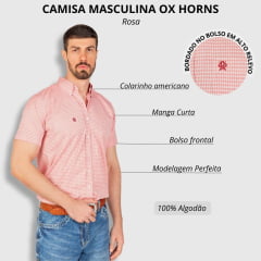 Camisa Masculina Ox Horns Manga Curta Xadrez Rosa e Branco Com Logo Bordô Ref:9092