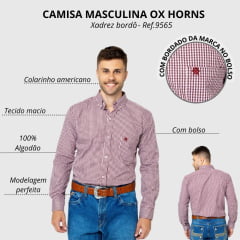 Camisa Masculina Ox Horns Manga Longa Bordô/ Branco Xadrez Ref:9565