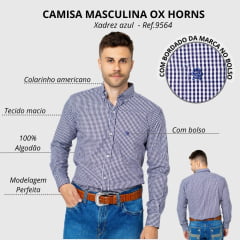 Camisa Masculina Ox Horns Manga Longa Xadrez Azul/Branco Ref:9564