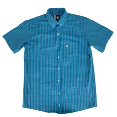 Camisa Masculina Ox Horns Manga Curta Xadrez Azul Com Listras Amarelo Logo Bordado Com Bolso Amarelo Claro Ref:9020