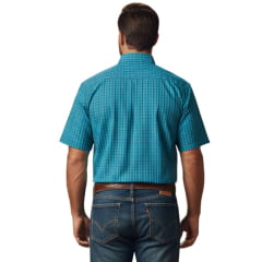 Camisa Masculina Ox Horns Manga Curta Xadrez Azul Com Listras Amarelo Logo Bordado Com Bolso Amarelo Claro Ref:9020