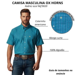 Camisa Masculina Ox Horns Manga Curta Xadrez Azul Com Listras Amarelo Logo Bordado Com Bolso Amarelo Claro Ref:9020