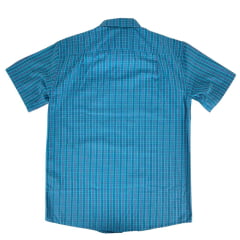 Camisa Masculina Ox Horns Manga Curta Xadrez Azul Com Listras Amarelo Logo Bordado Com Bolso Amarelo Claro Ref:9020