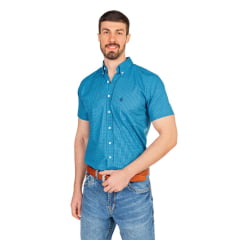 Camisa Masculina Ox Horns Manga Curta Xadrez Azul Turquesa Azul Escuro Com Logo Bordado Em Azul Ref:9091