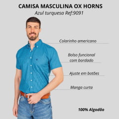 Camisa Masculina Ox Horns Manga Curta Xadrez Azul Turquesa Azul Escuro Com Logo Bordado Em Azul Ref:9091