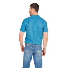 Camisa Masculina Ox Horns Manga Curta Xadrez Azul Turquesa Azul Escuro Com Logo Bordado Em Azul Ref:9091