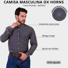 Camisa Masculina Ox Horns Manga Longa Cinza Chumbo Ref:9522